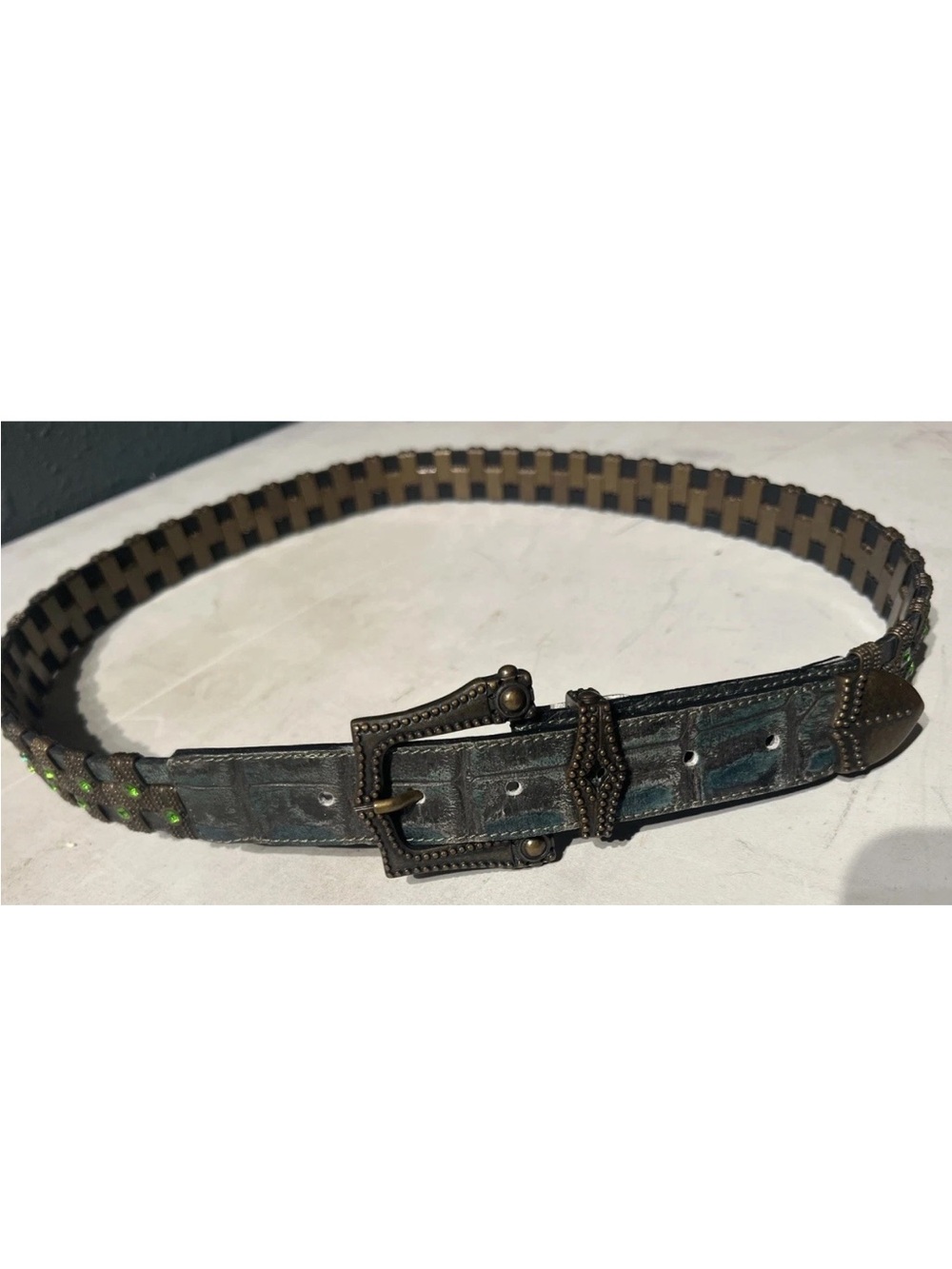 Guido Angeloni Women’s XL Green & Black Alligator Print Rhinestone & Metal Belt